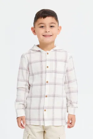 Boys White Check Hooded Shirt