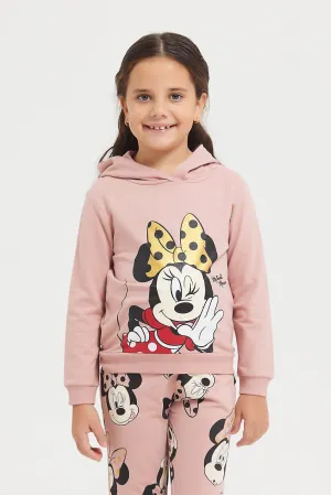 Girls Pink Minnie Mouse Printed Hooded Sweatshirt