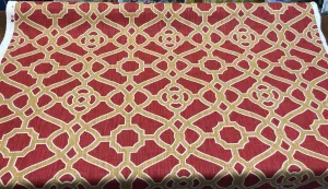 P Kaufmann Pavilion Fretwork Rouge Red Gold Fabric by the yard