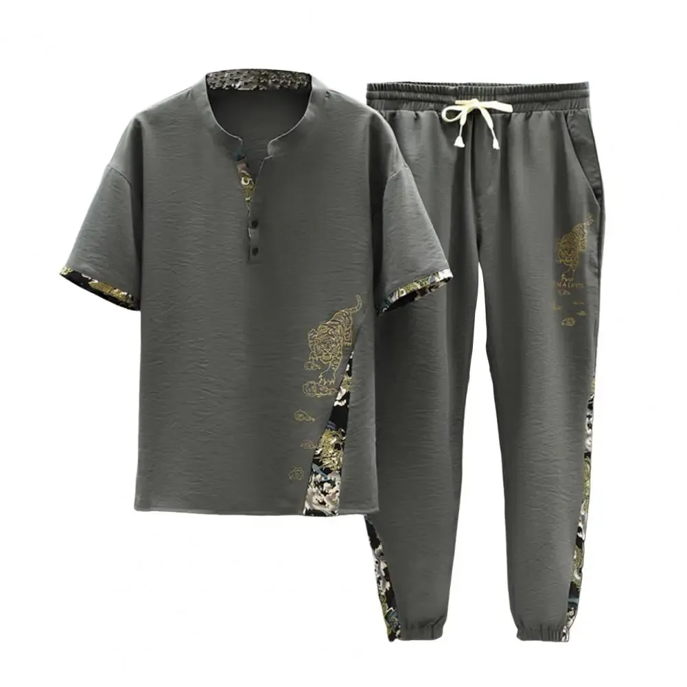 Tiger Pattern T-shirt Pants Set Men's Stand Collar Elastic Waist Drawstring