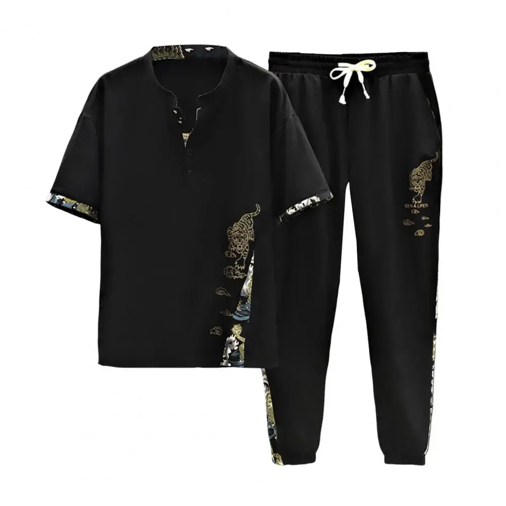 Tiger Pattern T-shirt Pants Set Men's Stand Collar Elastic Waist Drawstring