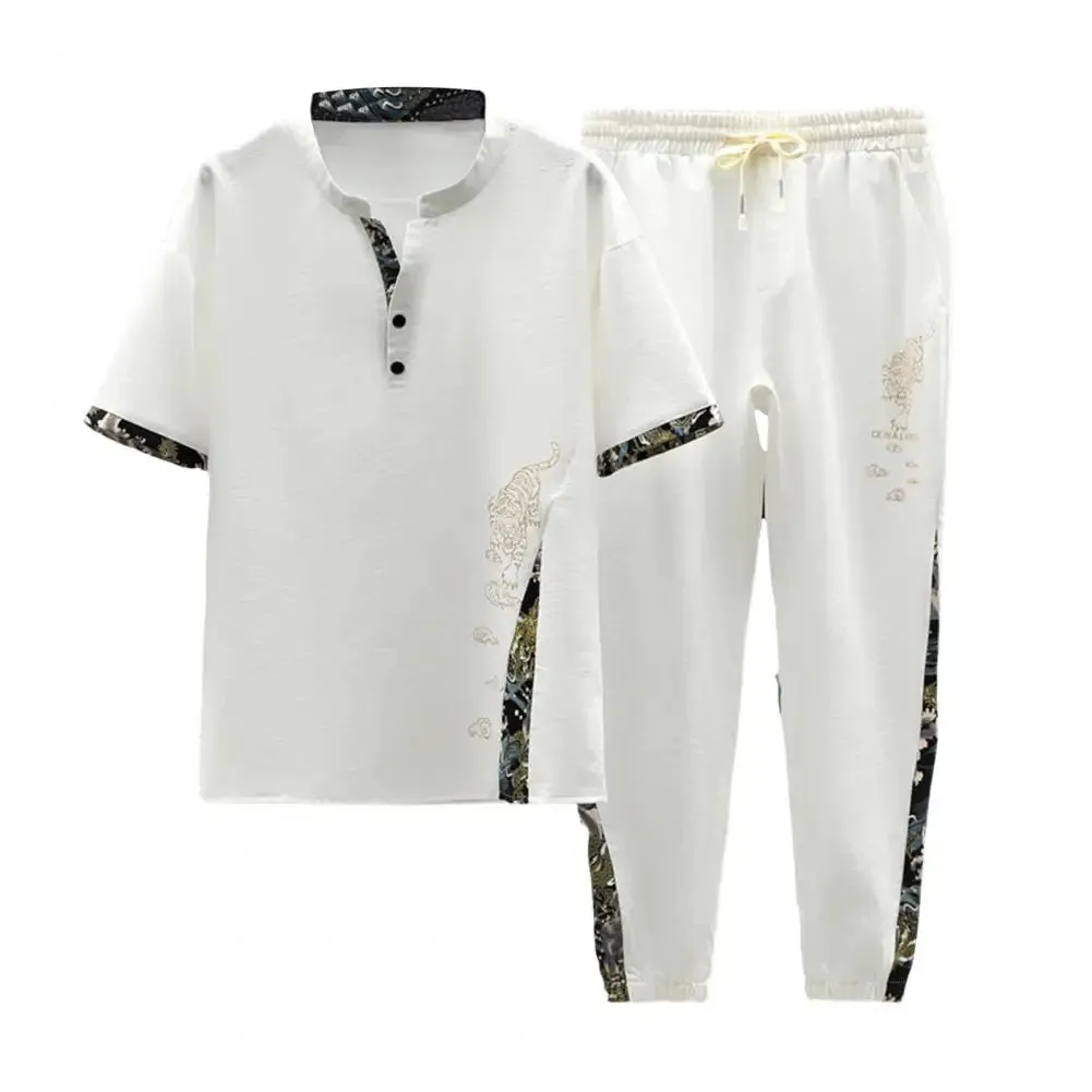 Tiger Pattern T-shirt Pants Set Men's Stand Collar Elastic Waist Drawstring