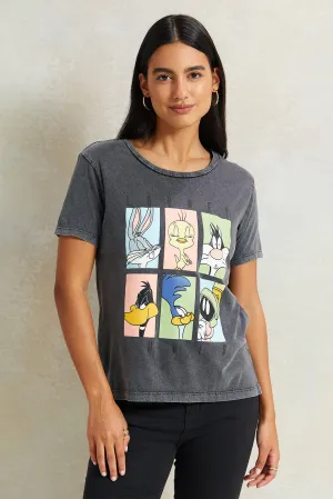 Women Charcoal Looney Tunes Printed T-Shirt