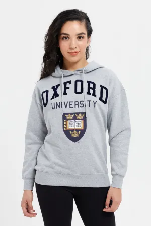 Women Grey Oxford Print Hooded Sweatshirt