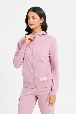 Women Pink Zip Through Hooded Sweatshirt