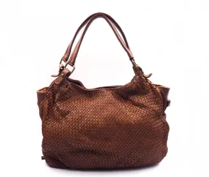 Woven Vintage Style Expandable Brown Super Soft Washed Calf Leather Handbag Made In Italy